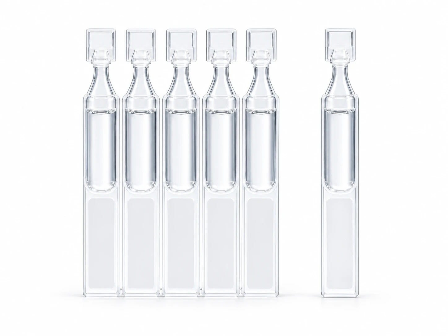 Illustrative BFS polymer ampoules with flat twist-off tabs, a connected strip and one detached unit