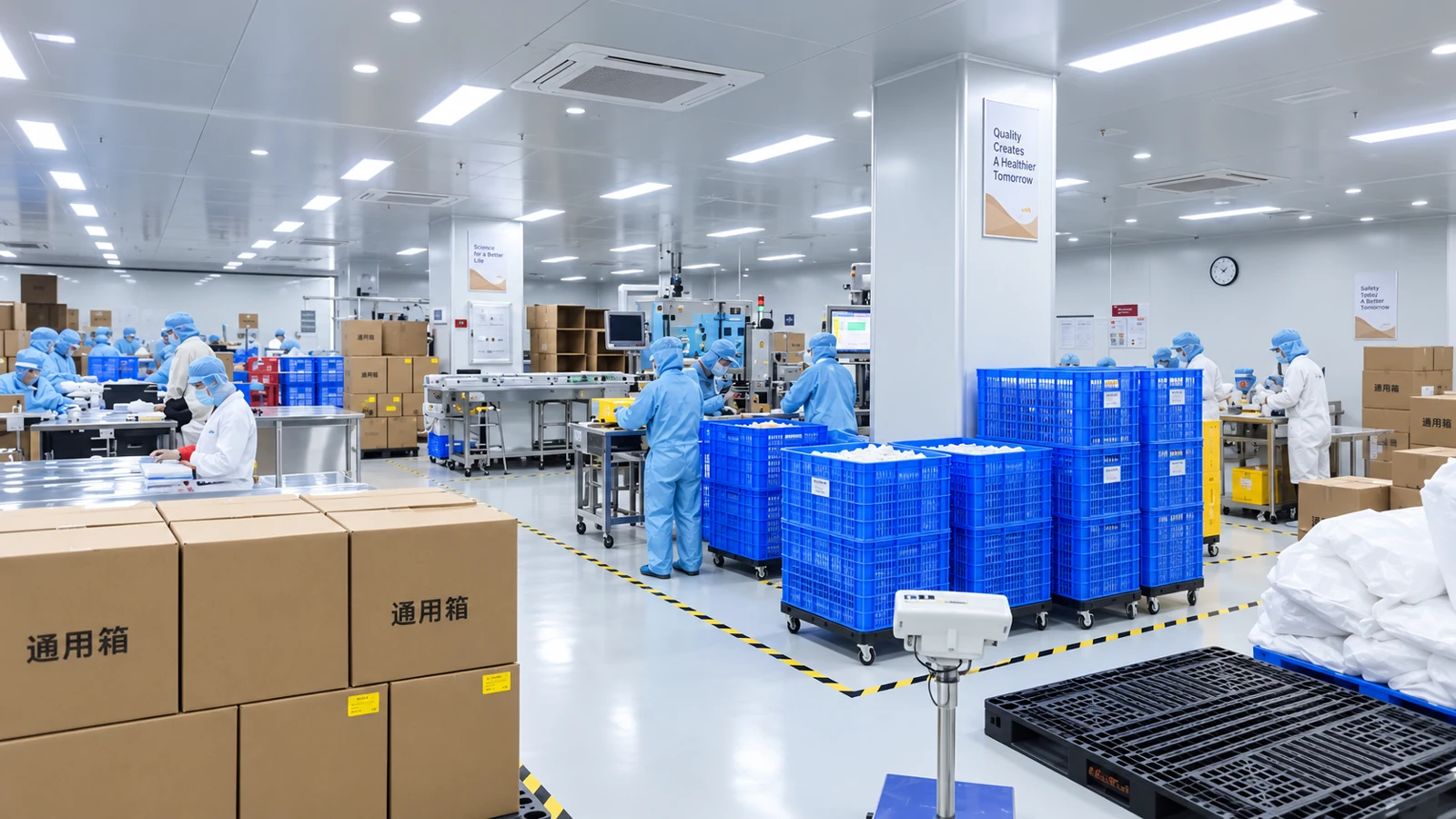 Operators, work stations and material containers on a production and packing floor
