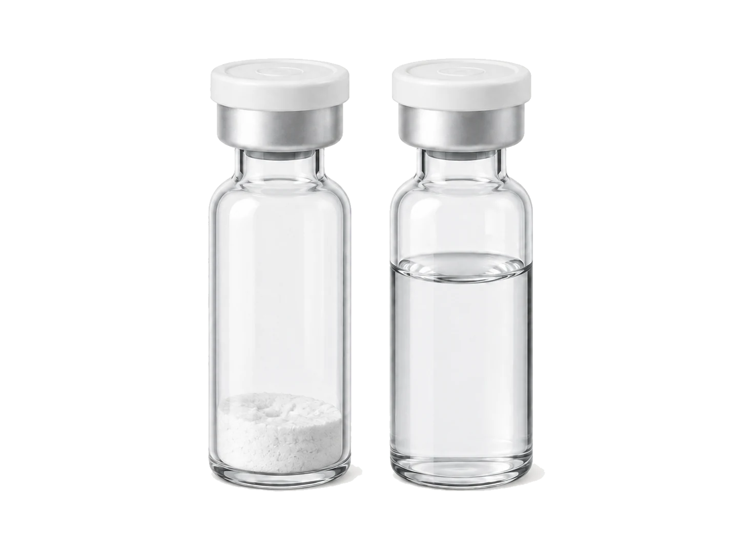 3D packaging-format illustration of a freeze-dried vial and companion solvent